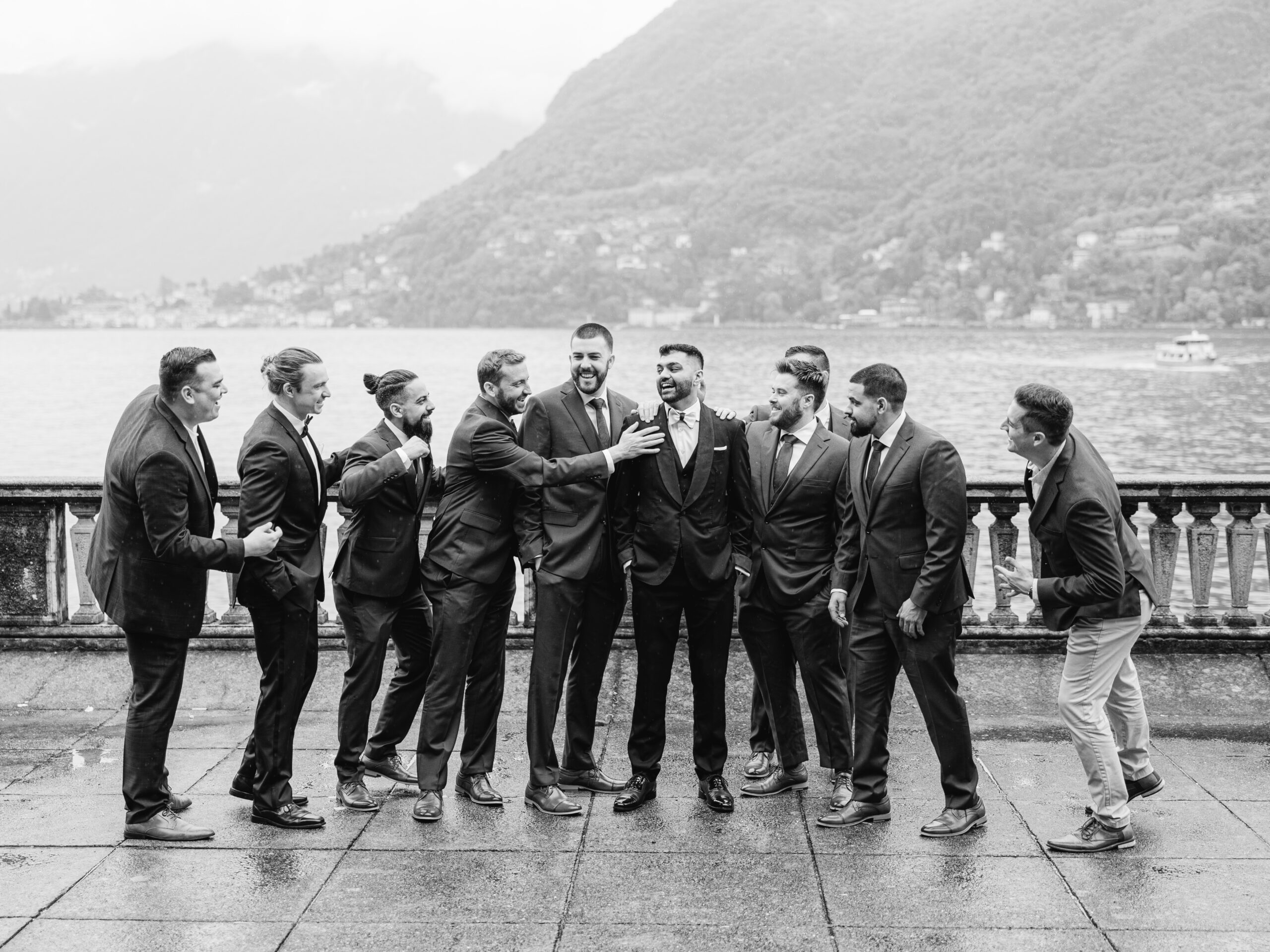 Groom and groomsmen portrait in black and white 