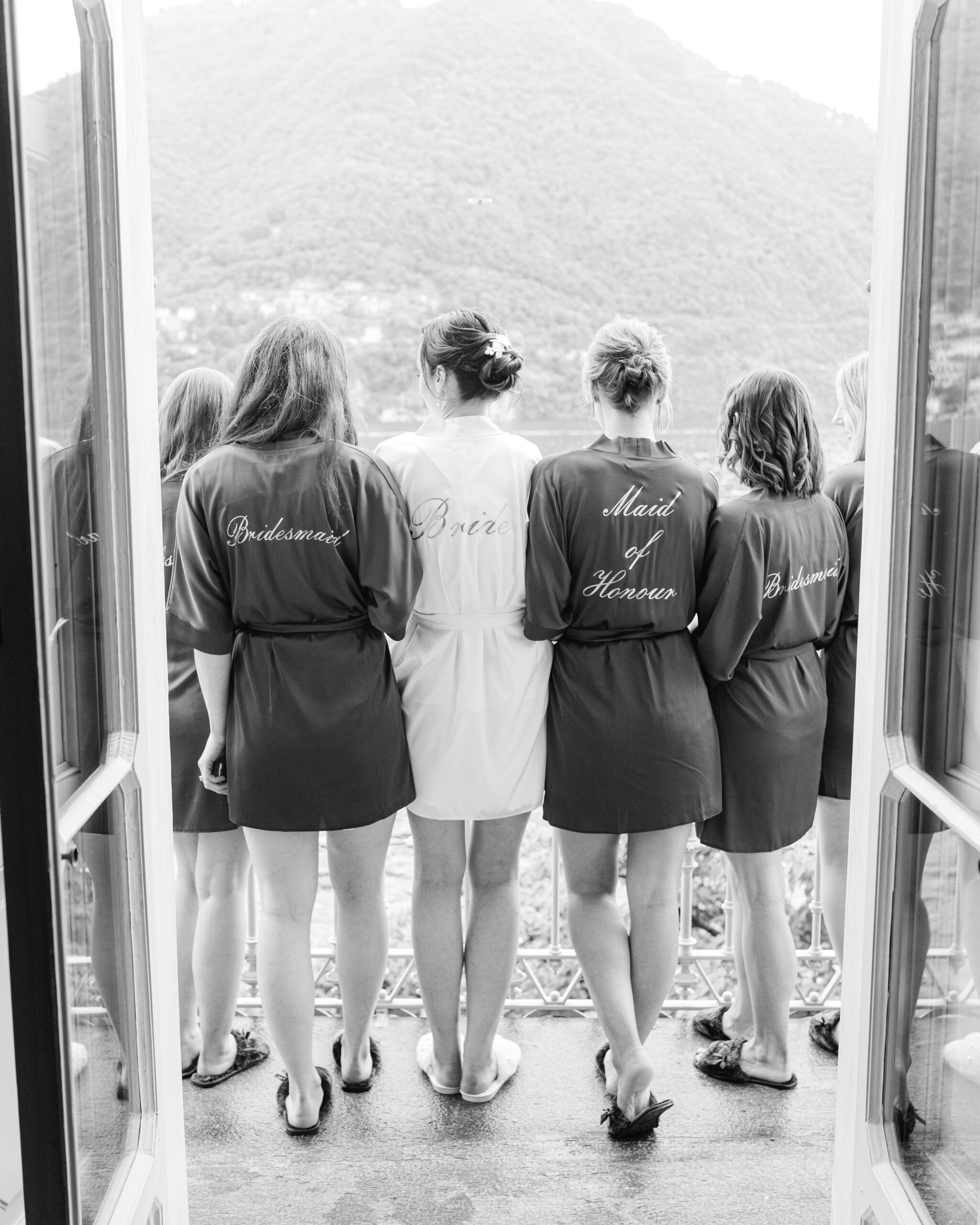 Bride and bridesmaids in gowns at Villa Pizzo on Lake Como