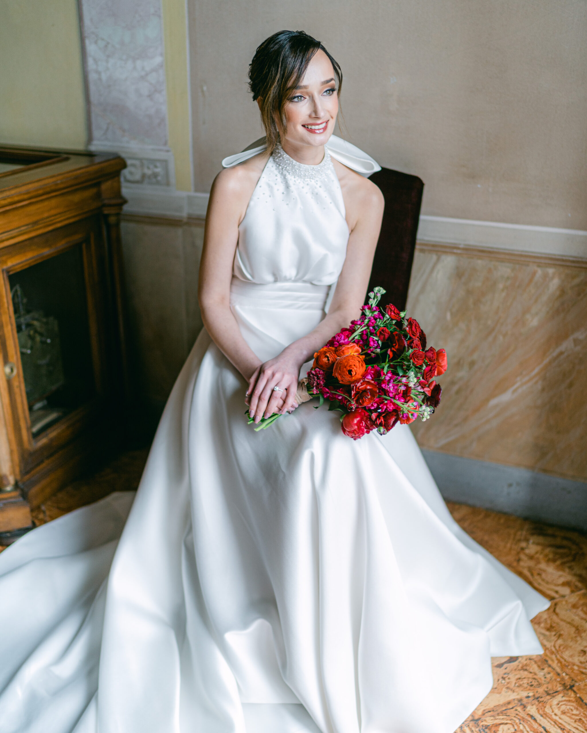 Bride with bold coloured bouquet at Lake Como wedding