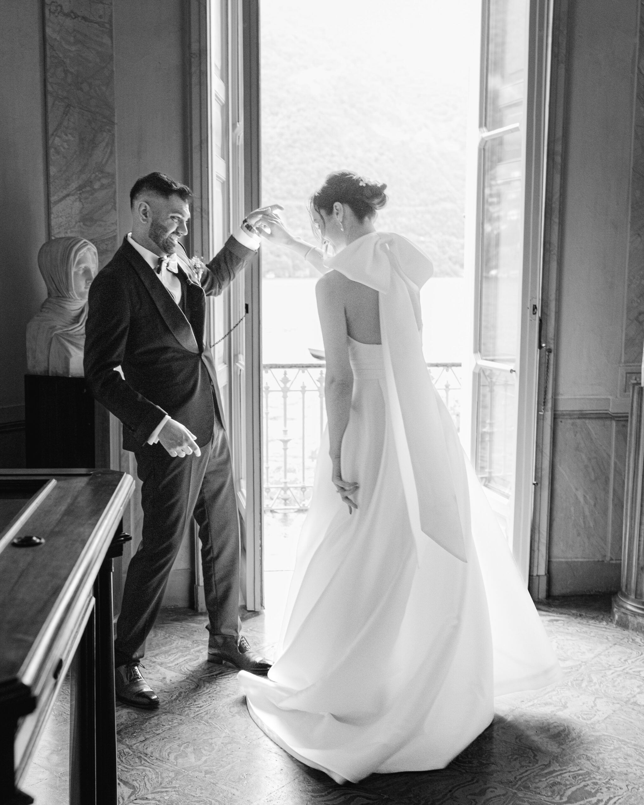 Wedding first look at destination wedding on Lake Como