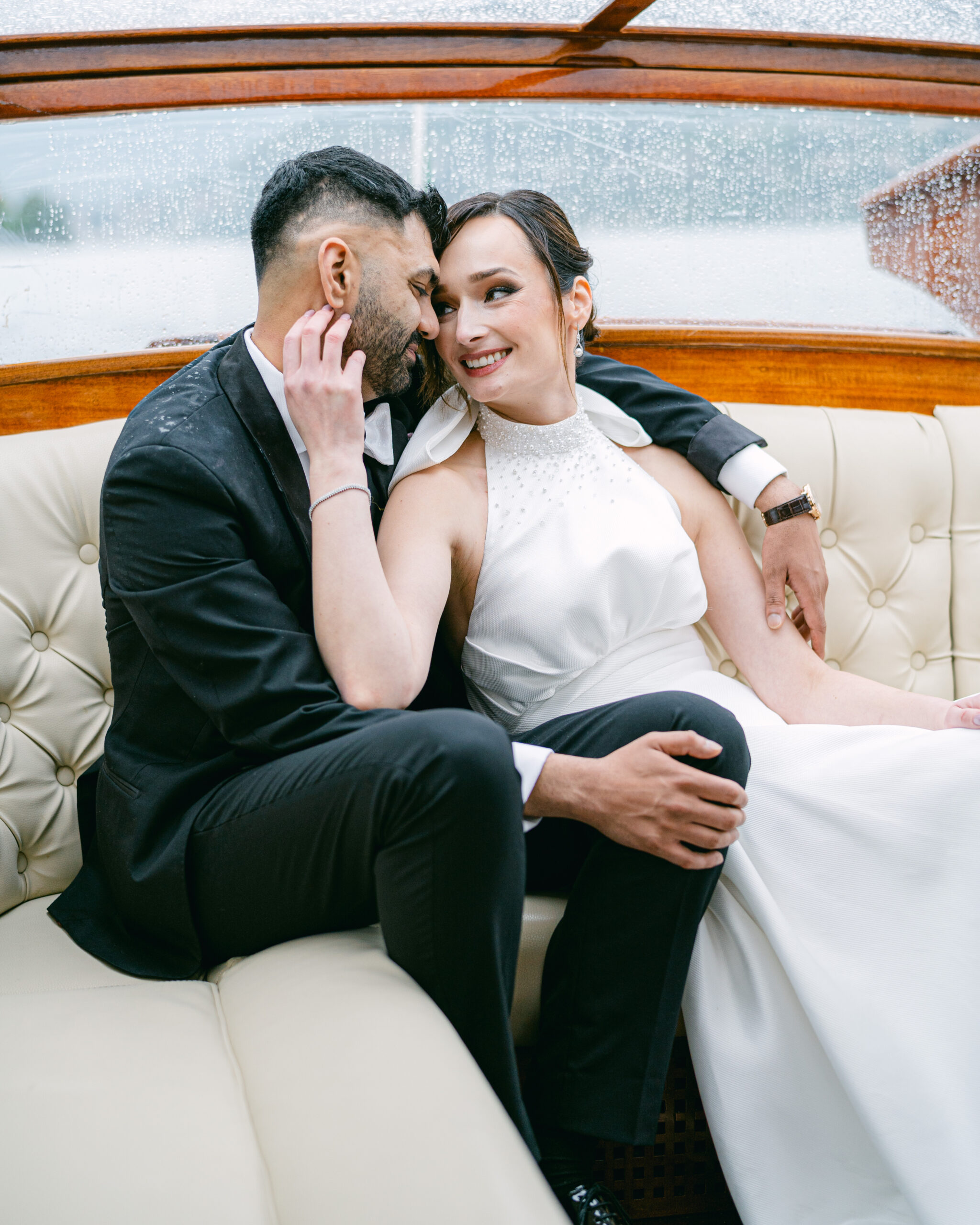 Wedding portraits on boat on Lake Como